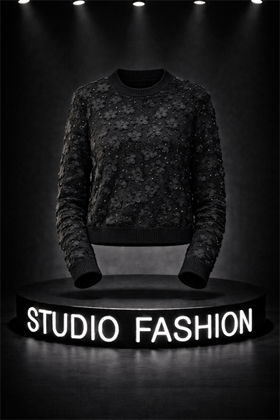 Kadın Siyah Bisiklet Yaka Üç Boyutlu Çiçek Aplikeli Kazak