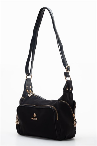 Kadın Siyah Çapraz Askılı Su Geçirmez Saten Kumaş Çok Gözlü Fermuarlı Astarlı Omuz Çantası