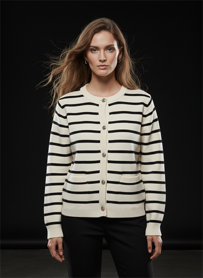 Kadın Siyah Çizgili Cep Detaylı Triko Hırka