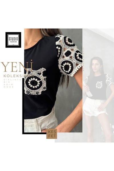 Kadın Siyah Dantel Gübür Detaylı Pamuklu Bluz