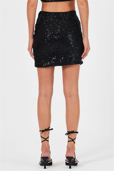 Kadın Siyah Gümüş Pullu Payetli Mini Etek