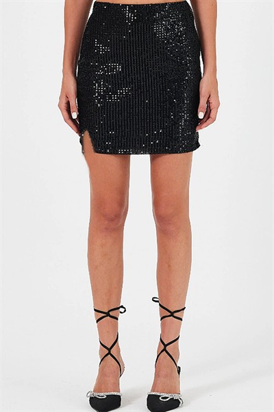 Kadın Siyah Gümüş Pullu Payetli Mini Etek