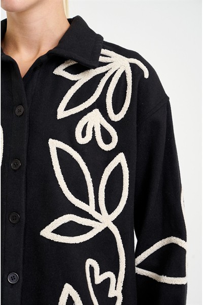 Kadın Siyah Nakışlı Kaşe Gömlek