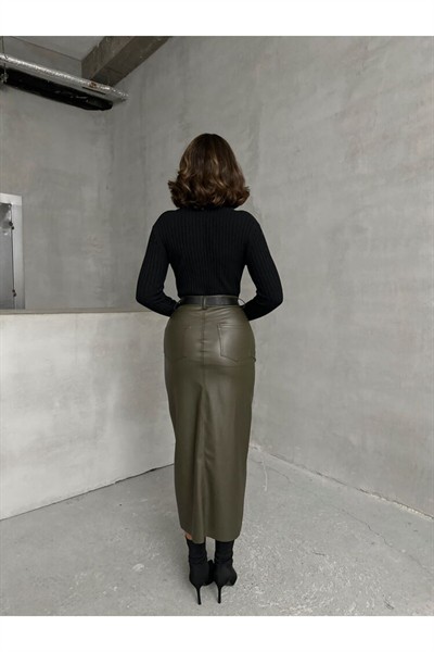 Kadın Haki Önden Yırtmaçlı Şardonlu Midi Boy Cepli Deri Etek