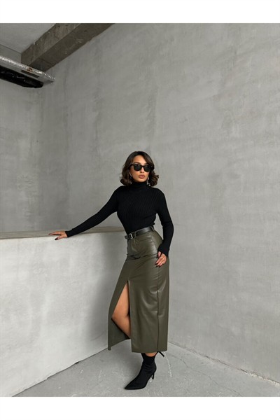 Kadın Haki Önden Yırtmaçlı Şardonlu Midi Boy Cepli Deri Etek