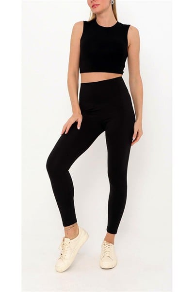 Kadın Siyah Orijinal Premium Yüksek Bel Toparlayıcı Düz Şardonsuz Tayt