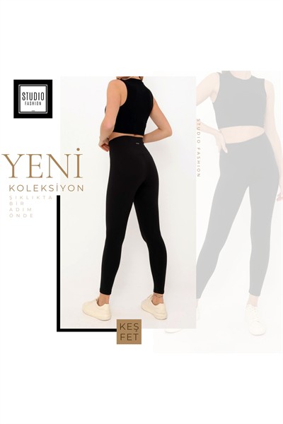 Kadın Siyah Orijinal Premium Yüksek Bel Toparlayıcı Düz Şardonsuz Tayt
