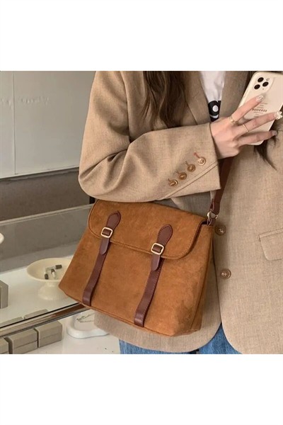 Kadın Siyah Orta Boy Premium Nubuk Süet Çıtçıt Kapama Postacı,El ve Kol Çantası