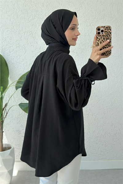 Kadın Siyah Oversize Hakim Yaka Standart Uzun Modal Gömlek