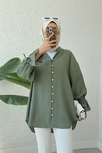 Kadın Haki Oversize Hakim Yaka Standart Uzun Modal Gömlek