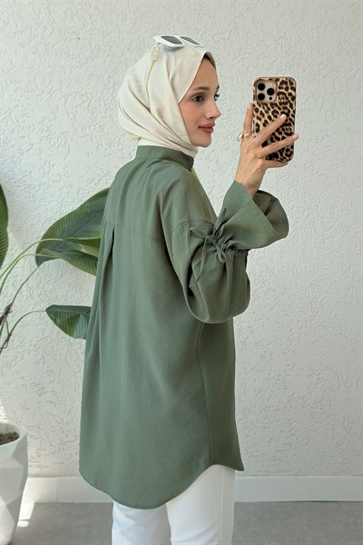 Kadın Haki Oversize Hakim Yaka Standart Uzun Modal Gömlek