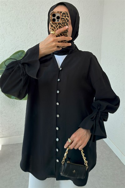 Kadın Siyah Oversize Hakim Yaka Standart Uzun Modal Gömlek