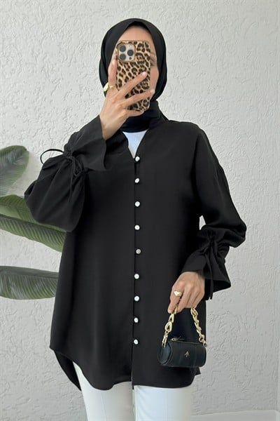Kadın Siyah Oversize Hakim Yaka Standart Uzun Modal Gömlek