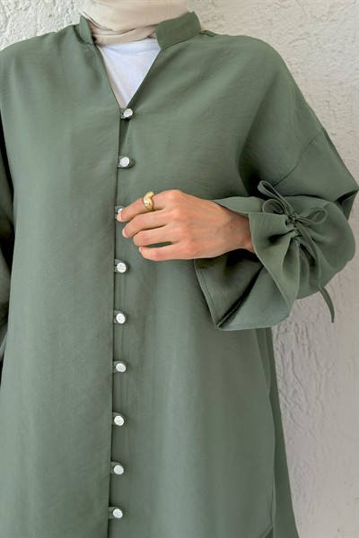 Kadın Haki Oversize Hakim Yaka Standart Uzun Modal Gömlek