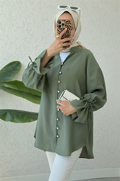 Kadın Haki Oversize Hakim Yaka Standart Uzun Modal Gömlek