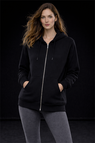 Kadın Siyah Oversize Salaş Şardonlu Pamuk 3 İplik Penye Kapüşonlu Kanguru Cepli Sweatshirt