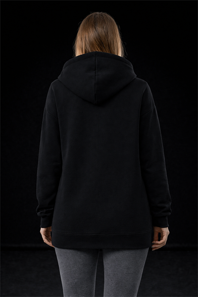 Kadın Siyah Oversize Salaş Şardonlu Pamuk 3 İplik Penye Kapüşonlu Kanguru Cepli Sweatshirt