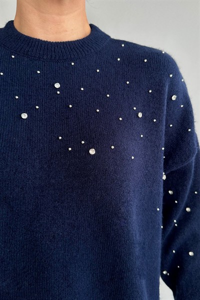 Kadın Siyah Oversize Triko Straz Taşlı Bisiklet Yaka Kazak