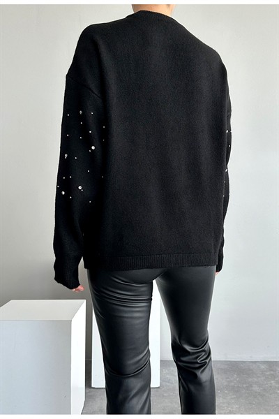 Kadın Siyah Oversize Triko Straz Taşlı Bisiklet Yaka Kazak