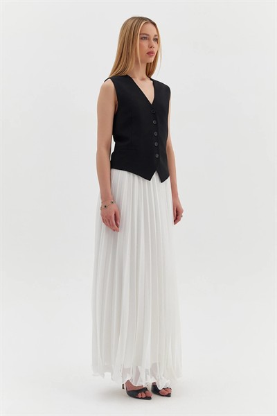 Kadın Ekru Premium Astarlı Bel Lastikli Etek Ucu Misinalı Şifon Piliseli Etek