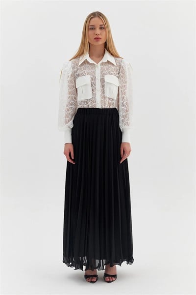 Kadın Siyah Premium Astarlı Bel Lastikli Etek Ucu Misinalı Şifon Piliseli Etek