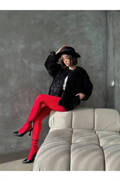 Kadın Siyah Premium Astarlı Saçaklı Peluş Kürk Ceket