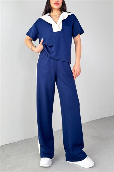 Kadın Lacivert Premium Modal Kumaş Açık Patlı Yaka Bluz Garnili İkili Takım