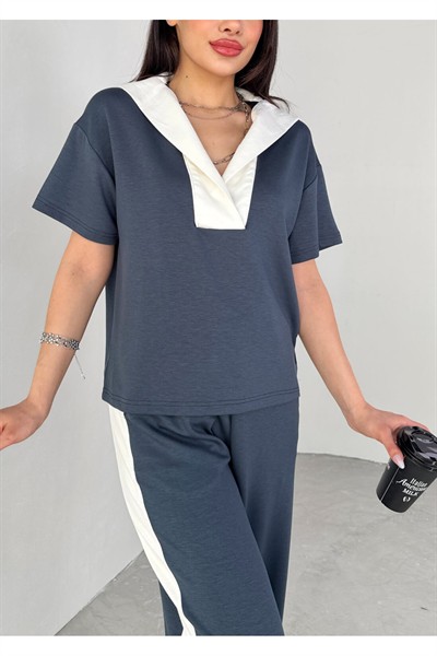 Kadın Siyah Premium Modal Kumaş Açık Patlı Yaka Bluz Garnili İkili Takım