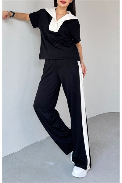 Kadın Siyah Premium Modal Kumaş Açık Patlı Yaka Bluz Garnili İkili Takım