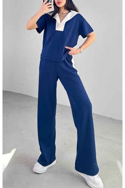 Kadın Lacivert Premium Modal Kumaş Açık Patlı Yaka Bluz Garnili İkili Takım