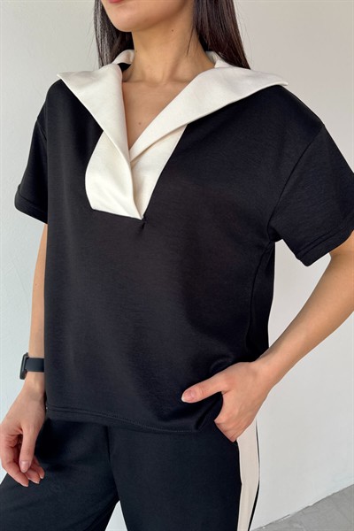 Kadın Siyah Premium Modal Kumaş Açık Patlı Yaka Bluz Garnili İkili Takım