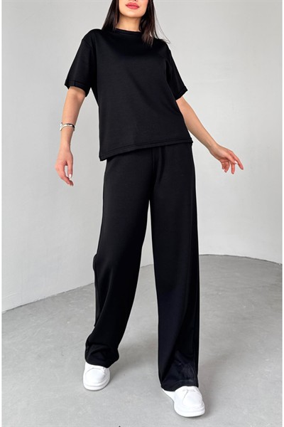 Kadın Siyah Premium Modal Kumaş Bisiklet Yaka Kısa Kol Basic Takım
