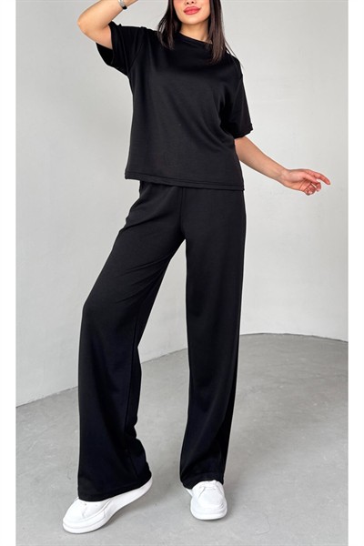 Kadın Siyah Premium Modal Kumaş Bisiklet Yaka Kısa Kol Basic Takım