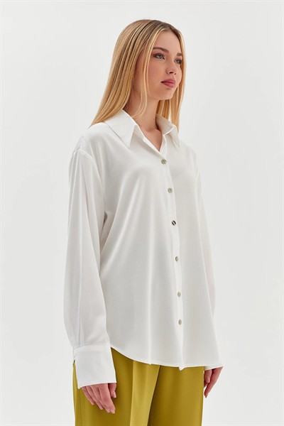 Kadın Siyah Premium Sedef Düğme Detaylı Düz Saten Gömlek