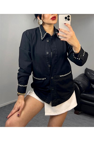 Kadın Siyah Twst Model Denim Taşlı Retro Gömlek