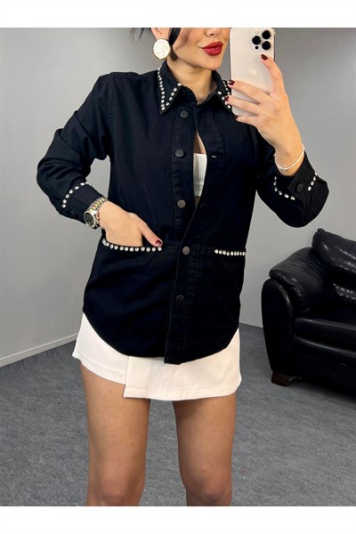 Kadın Siyah Twst Model Denim Taşlı Retro Gömlek