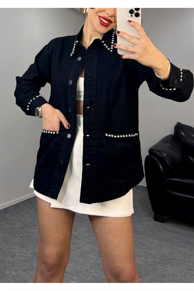 Kadın Siyah Twst Model Denim Taşlı Retro Gömlek