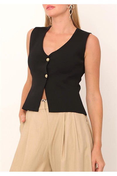 Kadın Siyah Yakası Biyeli İnci Düğmeli Tok Kumaş Yelek