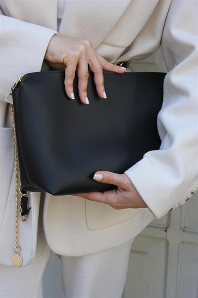 Kadın Siyah Yan Cepli Cüzdan Detaylı El Ve Omuz Çanta