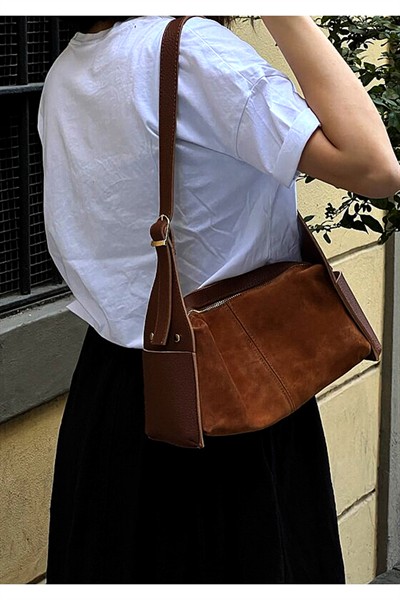 Kadın Taba Hakiki Deri Süet El ve Omuz Çantası