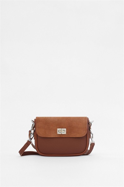 Kadın Taba Önden Hakiki Süet Deri Klipsli Omuz Çanta