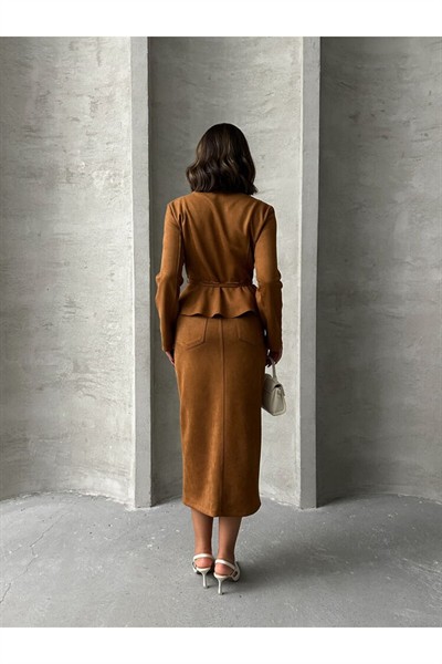 Kadın Taba Premium Süet Fermuarlı %100 Scuba Kumaş Ceket