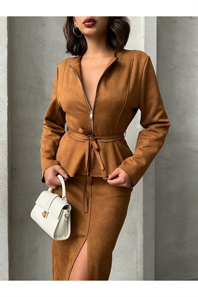 Kadın Taba Premium Süet Fermuarlı %100 Scuba Kumaş Ceket