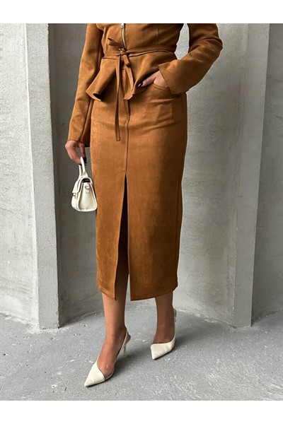 Kadın Taba Premium Süet Fermuarlı %100 Scuba Kumaş Ceket