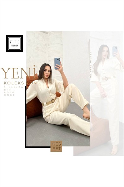 Kadın Taş Kemer Detaylı Premium  Model Keten Pamuk Tulum