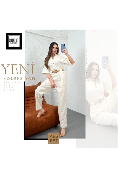 Kadın Taş Kemer Detaylı Premium  Model Keten Pamuk Tulum