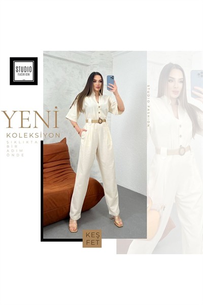 Kadın Taş Kemer Detaylı Premium  Model Keten Pamuk Tulum