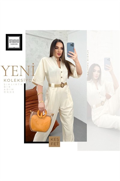 Kadın Taş Kemer Detaylı Premium  Model Keten Pamuk Tulum