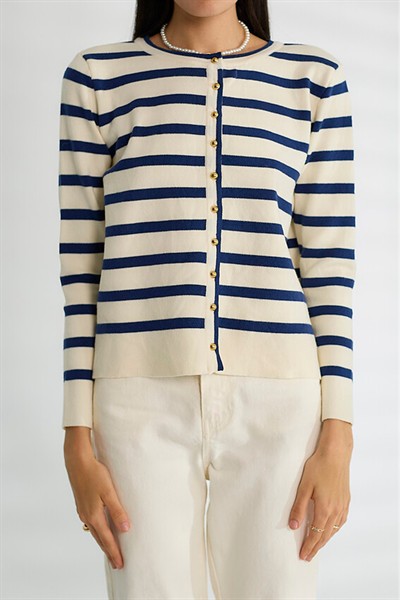 Kadın Taş-Lacivert Çizgili Düğmeli Triko Hırka