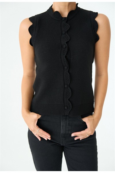Kadın Siyah Tasarım Dantel Örgü Premium Triko Yelek